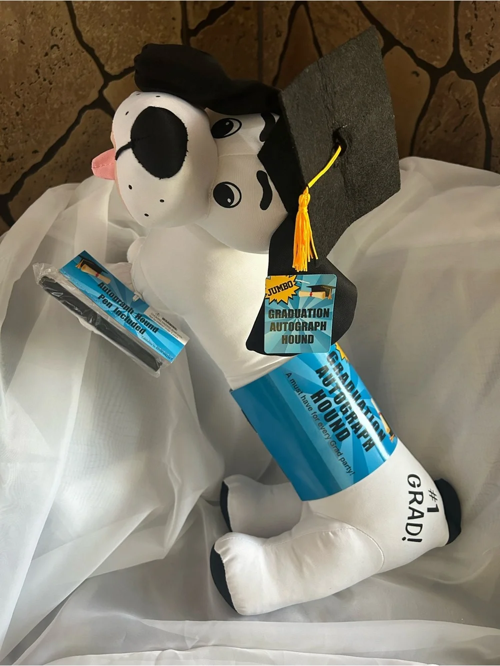 Graduation Autograph Hound Plush Dog - White with Black Accents